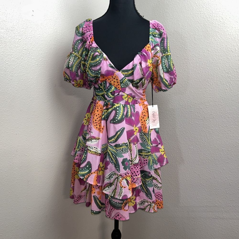 Macy's Crystal Mini Dress Women's Large Sky Pink Tropical Tie Back‎ Puff Sleeves